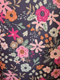 COTON IMPRIME FLEURI BLEU MARINE ET ROSE