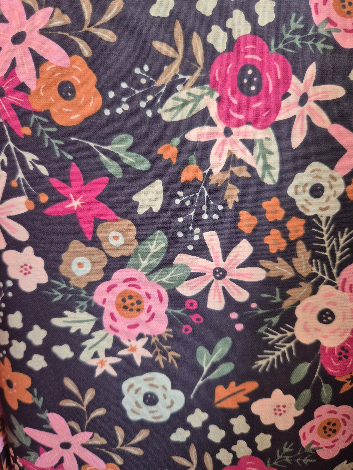 COTON IMPRIME FLEURI BLEU MARINE ET ROSE